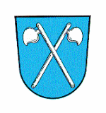 Wappen des Marktes Schierling; In Blau zwei schräg gekreuzte silberne Reuthaken.