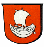 Wappen der Gemeinde Seeg; In Rot ein silbernes Segelboot.