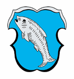 Wappen der Gemeinde Seeshaupt; In Blau ein schräg liegender silberner Fisch.