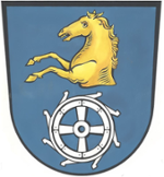 Wappen Ohlstadt Pferd und Wasserrad auf blauem Hintergrund